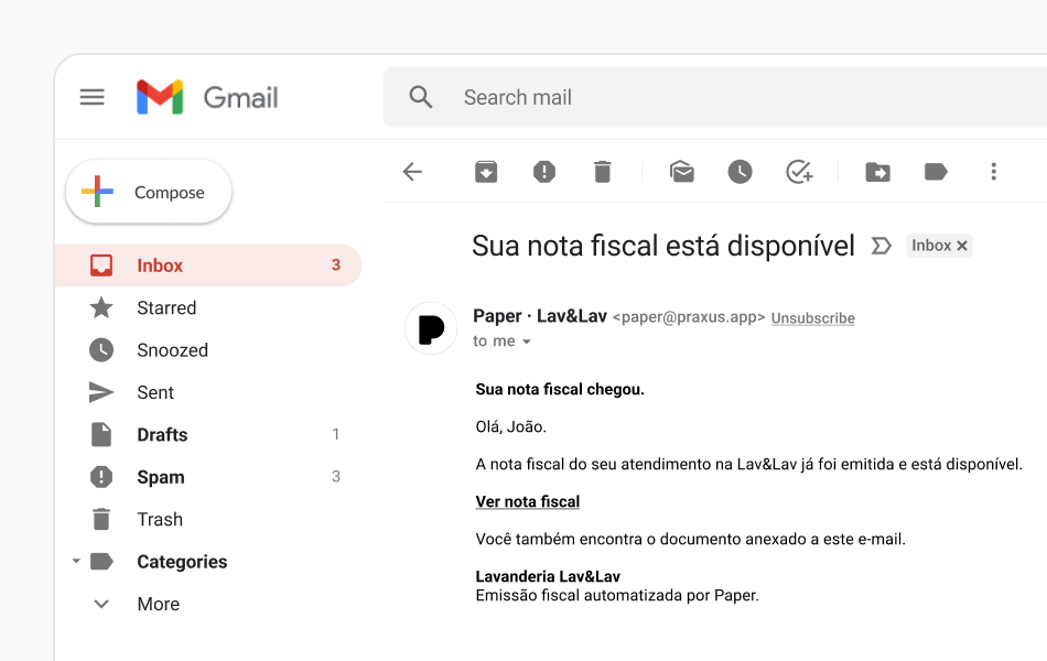 Exemplo do e-mail enviado ao cliente com a nota fiscal